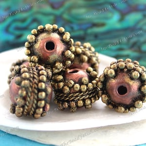 6 ~ 12mm Round Handcrafted Antiqued Copper & Raw Brass Hollow Beads with Decorative Bezel Trim Hollow Large Hole Rustic Beads  MB-151