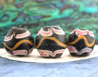 3 ~ Matched Antique Collectible Italian African Trade Beads, Old Venetian Hand Crafted Black White Gold Pink Glass Trade Beads  ATB-014-6