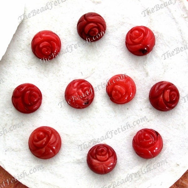 8mm Hand Crafted Red Bamboo Coral Flower Cabochons, Carved Red Coral Rose Cabochons, Semi Precious Red Coral Cabochons  SP-445-2