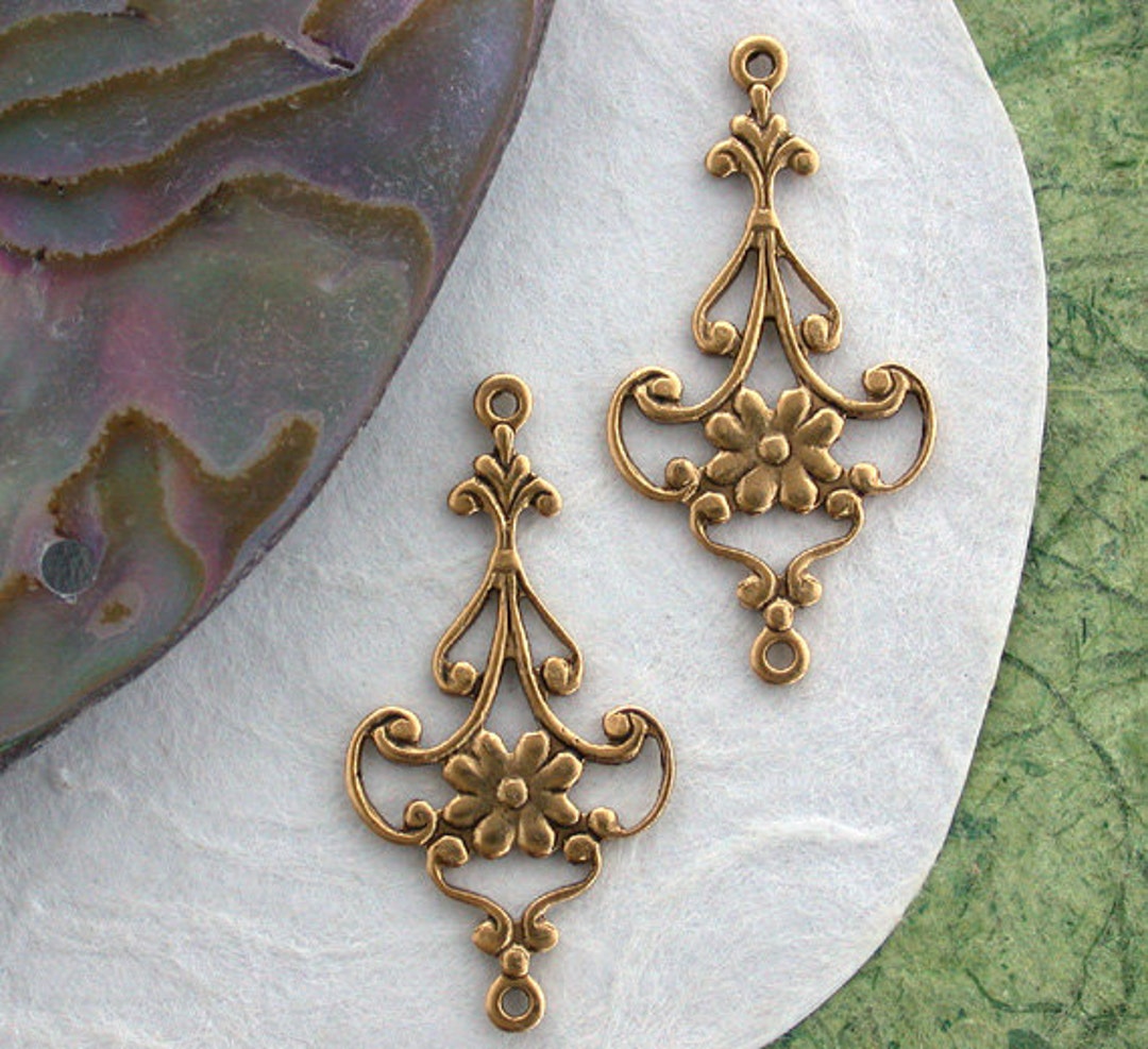 Antique Gold Stampings, Floral Links, 2 Hole Links, Connectors, Antique Gold Plated Brass