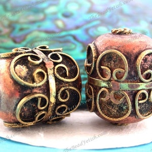 2 ~ 25 x 19mm Rustic Handcrafted Antiqued Copper & Raw Brass Hollow Barrel Beads with Decorative Wire Trim Large Hole Beads  MB-158