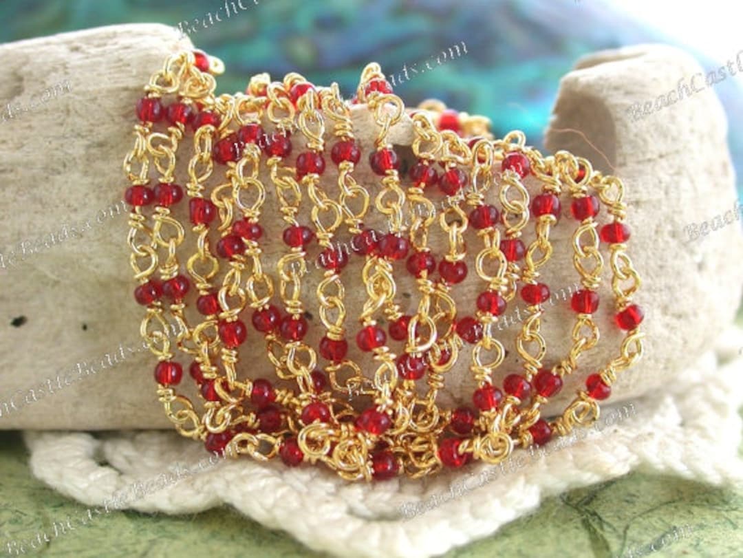 5 Feet Beaded Chain, Siam Ruby Red Glass Bead Chain, Jewelry Chain ...
