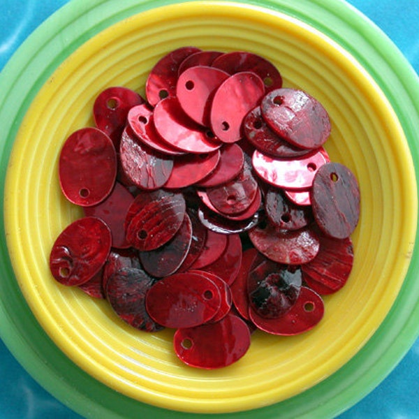 50 ~ Red Shell Charms, Small Shell Drops, Small Shell Pendants, Drilled Shell Oval Discs, Dark Red Shell Dangles, Red Shells SHL-022
