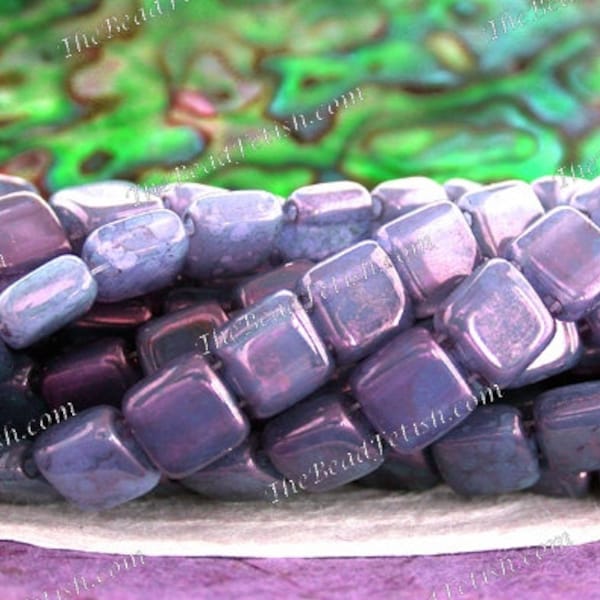 Czech Glass Beads, CzechMates 6mm Tile Beads, Two Hole Glass Beads, Moon-Dust Milky Alexandrite, Purple Square Flat Beads  CZ-188