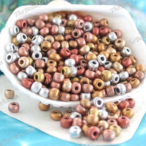 28 Grams ~ 1 Ounce Size 6/0 Quality Czech Glass Matte Metallic Mix Light Rose Copper Rich Copper Gold Bronze Silver E-Bead Seed Beads SB-073