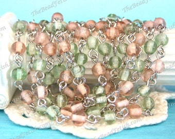 5 Feet ~ 4mm Rosary Chain, Combo Pink Sage Green & Nickle Silver Beaded Chain, Linked Bead Chain, Bead Chain, Glass Bead Chain CHN-292