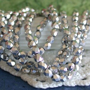 4mm Silver Fire Polished Beads, Czech Glass Beads, Faceted Glass Beads, Metallic Silver Beads, Silver Plated Glass Beads CZ-102 image 1