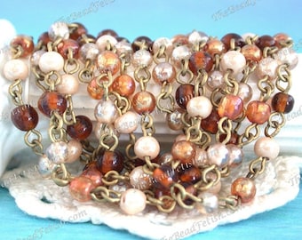 5 Feet ~ 4mm Rosary Chain, Combo "Honey" Earth-Tones & Raw Brass Beaded Chain, Bead Chain, Linked Bead Chain, Glass Bead Chain CHN-289
