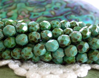 6mm Turquoise Picasso Czech Glass Fire Polished Beads, Faceted Glass Beads, Turquose Glass Beads, Blue-Green Beads  CZ-125