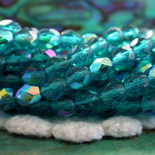 4mm Firepolished , Czech Glass Fire Polished Beads, Teal AB, Czech Glass Beads, Fire Polished Beads, Faceted Beads  CZ-421