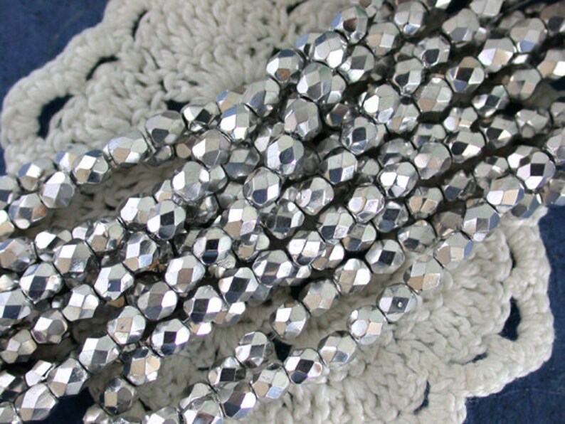 4mm Silver Fire Polished Beads, Czech Glass Beads, Faceted Glass Beads, Metallic Silver Beads, Silver Plated Glass Beads CZ-102 image 4