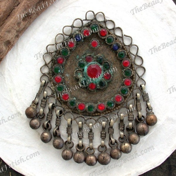 1 ~ Vintage Handcrafted Kuchi Tribal Pendant, Belly Dancing Costume Pendant with Red Green Blue Glass Stones & Little Bell Edging   VB-336-4