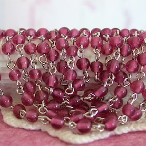 4mm Rosary Bead Chain, Pink Glass Bead & Silver Chain, Jewelry Chain, Berry Rose Bead Chain, Pink Rosary Chain, Pink Chain CHN-162