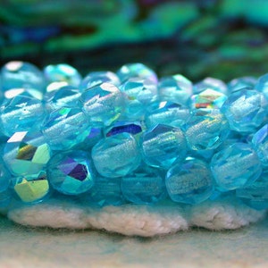 2 Strands 100 ~ 4mm Czech Glass Fire Polished Beads, Aquamarine AB, Fire Polished Beads, Faceted Beads, Aqua Beads  CZ-415