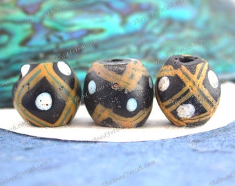 3 ~ Matched Antique Collectible Italian African Trade Beads, Old Venetian Hand Crafted Black Gold White Blue Glass Trade Beads  ATB-014-7