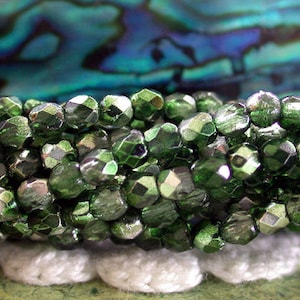 2mm Fire Polished Beads, Czech Glass Fire Polished Beads, Czech Glass Beads, Faceted Glass Beads, Fern Green Mirror Beads  CZ-500