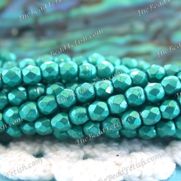 2 Strands ~ 2mm Fire Polished Beads, 100 Pieces Czech Faceted Glass Beads, Saturated Metallic Arcadia, Metallic Teal Green Beads  CZ-671