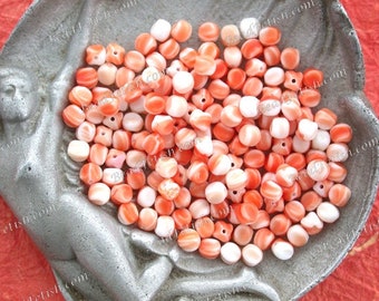 20 ~ 6mm Vintage West German Pressed Glass Orange & White Beads Dimpled Cube Beads, Orange Sherbet Vintage Glass Beads VB-054