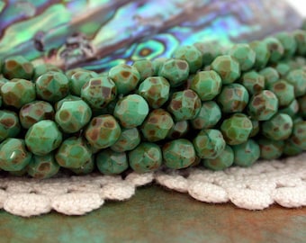 6mm Czech Glass Fire Polished Beads, Picasso Teal Turquoise Green Czech Glass Beads, Faceted Glass Beads, Turquoise Picasso Beads CZ-139