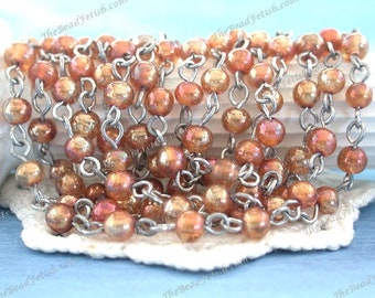 5 Feet ~ Rosary Chain, Beaded Chain, Copper Luster Bead Silver Plated Brass Chain, Bead Chain, Jewelry Chain, Glass Bead Chain CHN-216