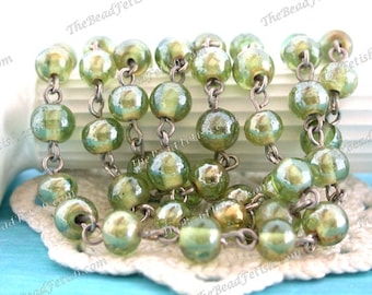 Cadena de rosario de 5 pies ~ 6 mm, cadena de cuentas de níquel y brillo verde claro, cadena de cuentas eslabónadas, cadena de joyería, cadena de cuentas de vidrio verde salvia CHN-264