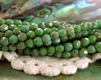 4mm Czech Glass Fire Polished Beads, Opaque Turquoise Picasso Faceted Glass Beads   CZ-194