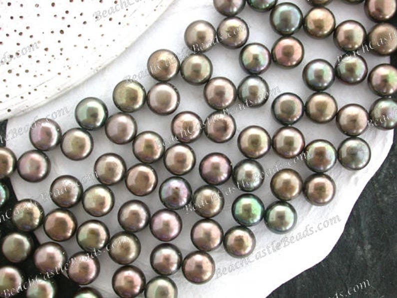 Green Iris Pearls Destash Pearls Destash Supplies DS-946 7.5 x 5mm Olive Green Iris Fresh Water Button Pearls