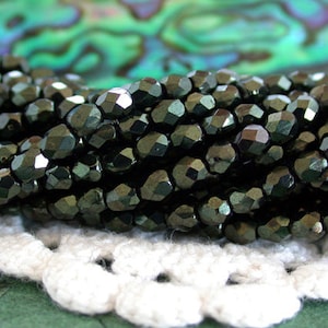 2 Strands ~ 3mm  Fire Polished Beads, Czech Glass Beads, Metallic Green Beads, Faceted Beads CZ-043