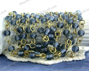 5 Feet ~ Montana Blue Raw Brass Rosary Bead Chain, Beaded Chain, Chain, Jewelry Chain, Glass Bead Chain CHN-220