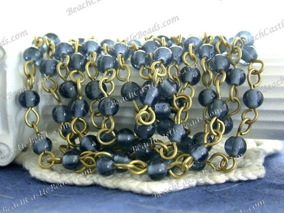 5 Feet ~ Montana Blue Raw Brass Rosary Bead Chain, Beaded Chain, Chain, Jewelry Chain, Glass Bead Chain CHN-220