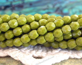 2 Strands ~ 100 Pieces 3mm Czech Glass Fire Polished Beads, Opaque Olivine Faceted Glass Beads, Opaque Green Beads CZ-754