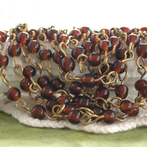 5 Feet ~ Dark Topaz Beaded Chain, Glass Bead Chain, Chain, Topaz Rosary Chain, Jewelry Chain, Raw Brass Chain, Brown Bead Chain  CHN-218