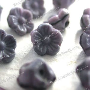 Vintage Beads, 8mm Vintage Pressed Glass Givre&#39; Opaque Purple and Black Glass Beads, Vintage Flower Beads, Purple Flower Buttons  VB-096