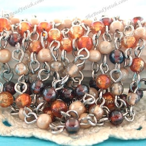 5 Feet ~ 4mm Rosary Chain, Combo &quot;Honey&quot; Earth-Tones & Nickle Silver Beaded Chain, Bead Chain, Linked Bead Chain, Glass Bead Chain CHN-341