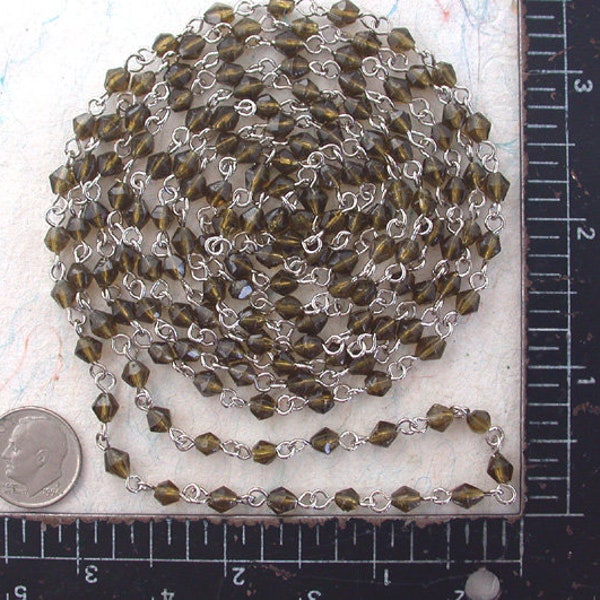 5 Feet ~ Destash 4mm Individually Hand Cut Grey Glass Beads on Nickle Silver Chain, Destash Bead Chain CHN-350