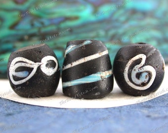 3 ~ Antique Collectible Italian African Trade "Zen Beads", Old Venetian Hand Crafted Blue White Aqua Glass Trade Beads  ATB-014-5