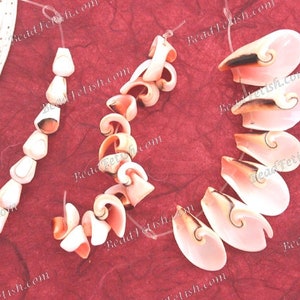 May include: Shell beads in various shapes and sizes. The beads are white and peach with brown accents. The beads are strung on clear string and arranged on a red surface. Measurements are not available.