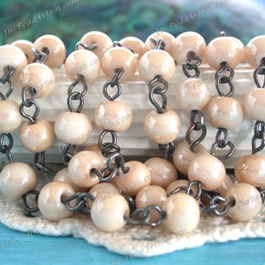 5 Feet ~ 6mm Hand Crafted Ivory Luster Lampwork Glass Beads & Black Ox Chain, Linked Bead Chain, Beige and Black Glass Bead Chain CHN-331