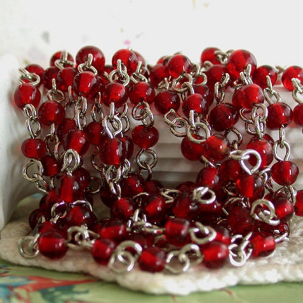 5 Feet ~ 4mm Rosary Chain, Beaded Chain, Ruby Red Siam Bead & Nickle Silver Chain, Bead Chain, Jewelry Chain, Glass Bead Chain CHN-057