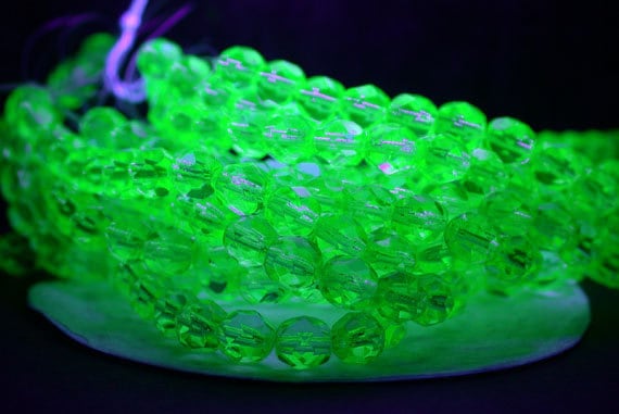 50 Loose - UV Beads, 6mm Black Light Fire Polished Beads, Vaseline Glass, Black Light Beads, Czech Glass Party Beads CZ-594