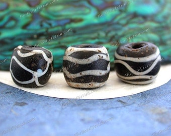 3 ~ Antique Matched Collectible Black and White Italian African Trade " Rattle Beads" Old Venetian Hand Crafted Glass Trade Beads  ATB-014-2