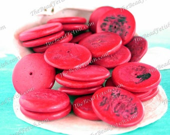 Vintage 1980's Coconut Shell Disc Beads, Coco Chip Beads, Coco Shell Beads, Bright Red Coconut Beads, Recycled Beads  VB-615