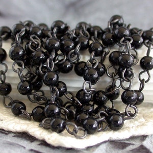 5 Feet ~ 4mm Rosary Chain, Beaded Chain, Jet Black Glass Bead & Black Ox Chain, Chain, Bead Chain, Jewelry Chain, Glass Bead Chain CHN-105