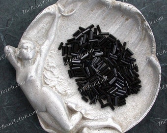 10 grams ~ Antique 1900's Jet Black Glass Bugle Beads, Venetian Size #3 Hex Cut Bugle Beads, Bead Work Repair, Beaded Fringe Repair  VB-004