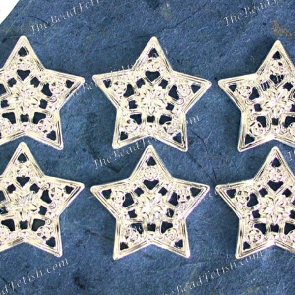 Bright Silver Plated Filigree Star Stampings, 24mm Vintage Style Stars, Celestial, Wedding Hair Vine Tiara Supplies, Made in USA  STA-879