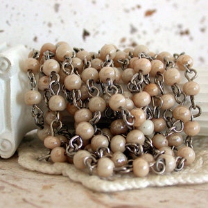 5 Feet ~ 4mm Beaded Chain, Ivory Luster & Silver Glass Bead Chain, Rosary Chain, Beige Bead Jewelry Chain CHN-070