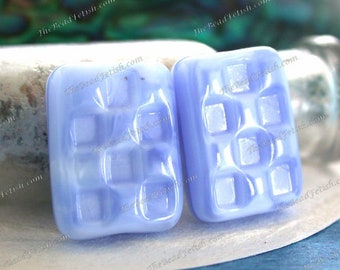 2 ~ 18 x 14mm Collectible Vintage West German Light Periwinkle Blue Checker Board Flat Rectangle Pressed Glass Beads, Old Glass Beads VB-845