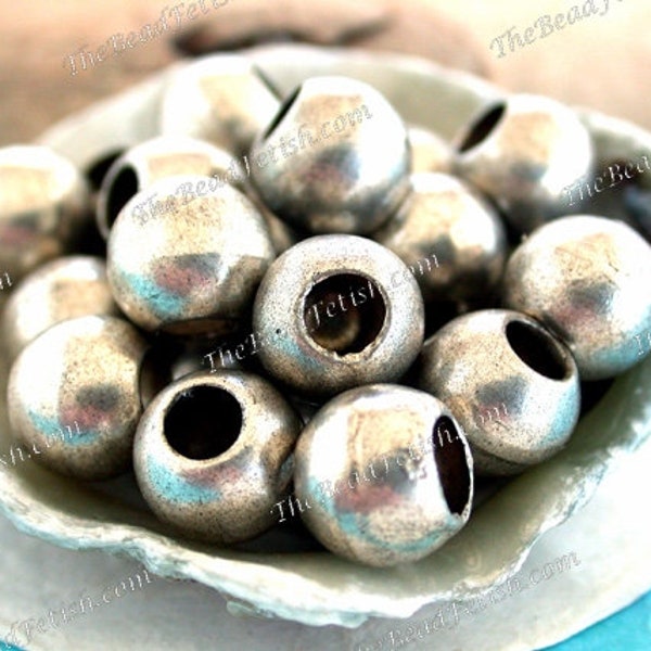 25 ~ 10mm Handcrafted Large Hole Round Silver Plated Brass Beads, Rustic Lightweight Hollow Metal Beads, Big Hole Macramé Beads MB-125-25-25