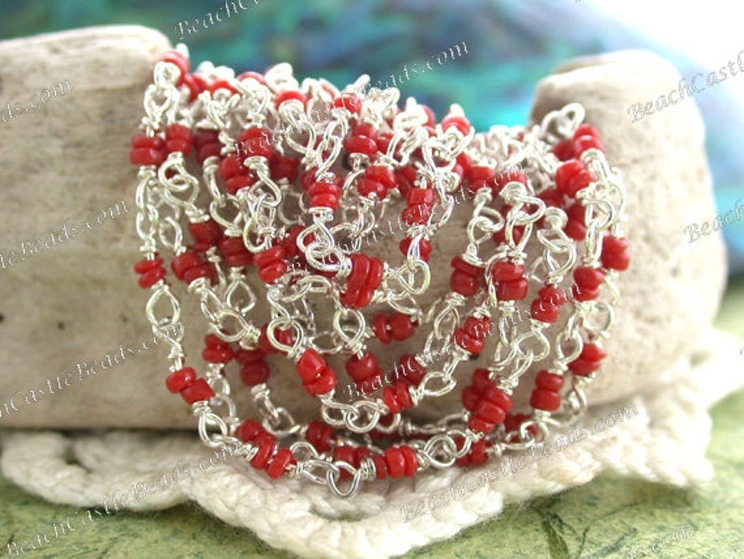 5 Feet ~ Faux Red Coral Glass Bead Chain, Red Silver Chain, Boho ...