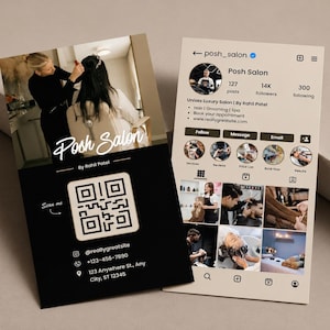 May include: Two rectangular business cards featuring a Posh Salon design. One card displays a QR code, contact details, and a photo of a stylist working. The other card mimics an Instagram profile page with a profile picture, bio, and grid of photos.